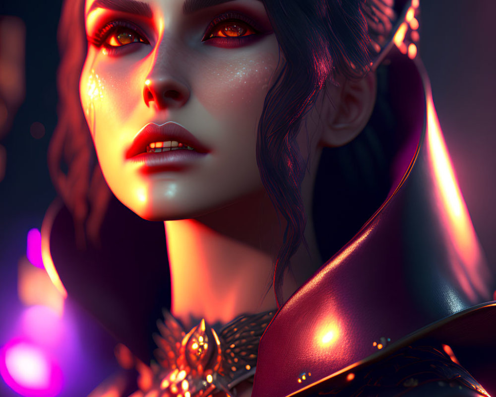 Digital artwork featuring woman with glowing red eyes, gold jewelry, dark hair, neon-lit background