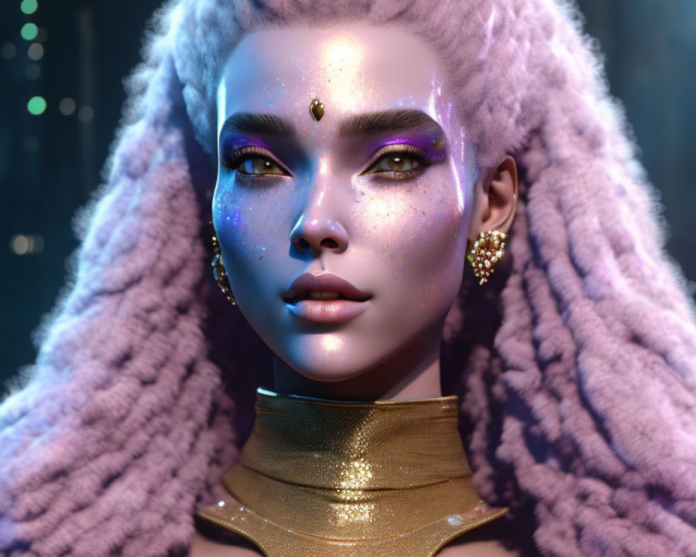 Person with Purple Hair and Galaxy Makeup in Digital Art