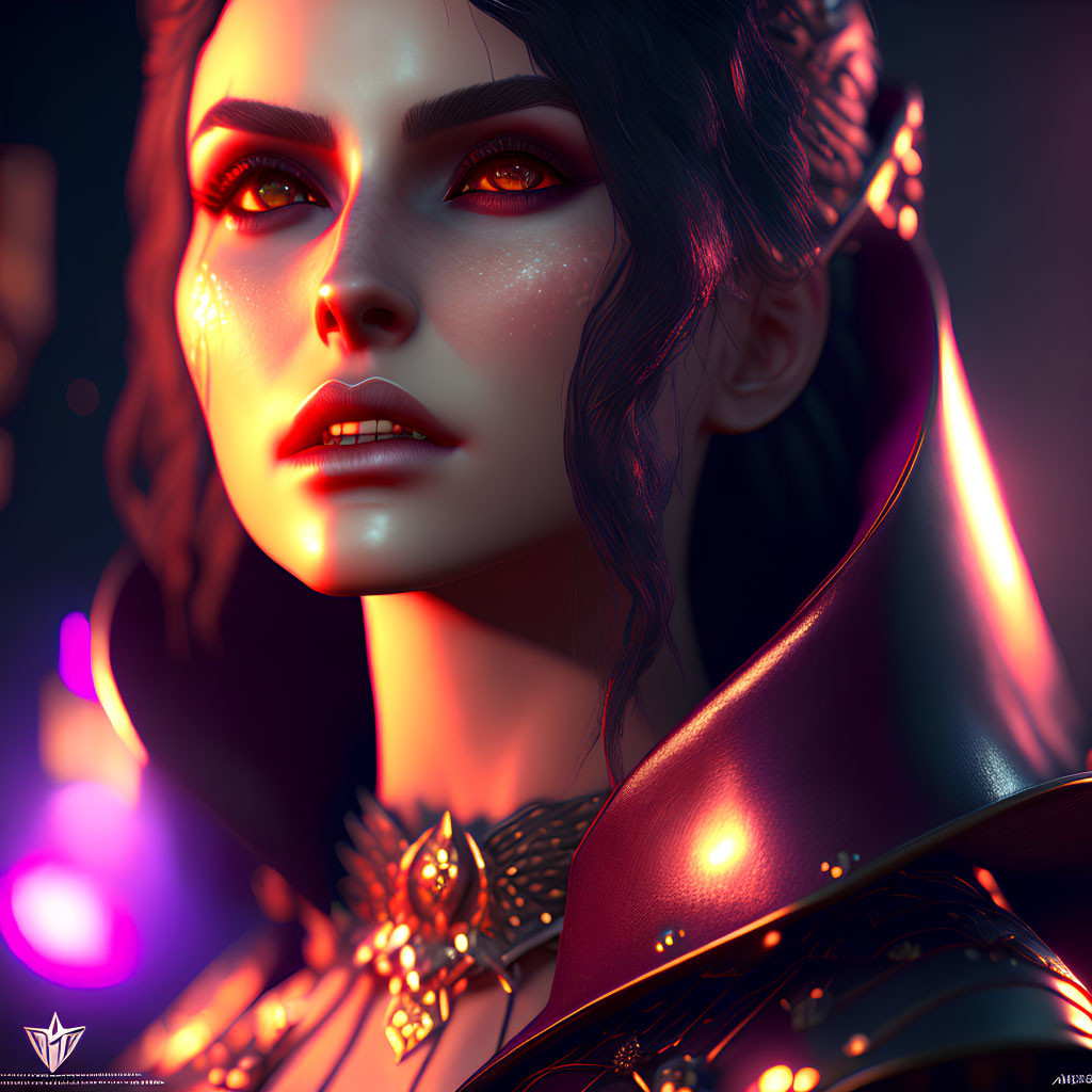 Digital artwork featuring woman with glowing red eyes, gold jewelry, dark hair, neon-lit background