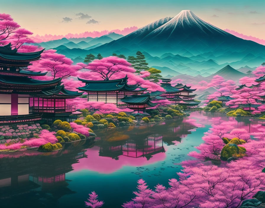 Tranquil landscape with cherry blossoms, pagodas, lake, and mountain