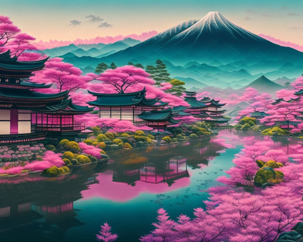 Tranquil landscape with cherry blossoms, pagodas, lake, and mountain