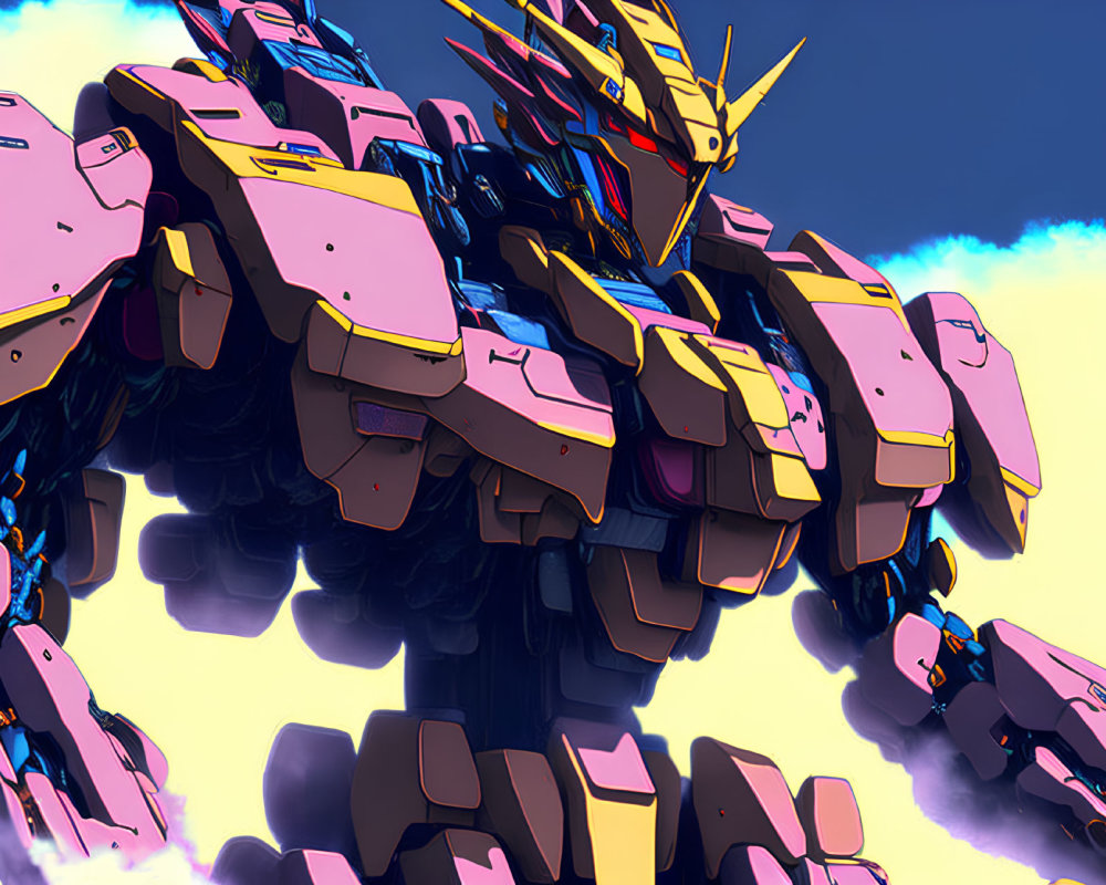 Detailed Multicolored Mecha Robot Illustration on Sky Blue Background