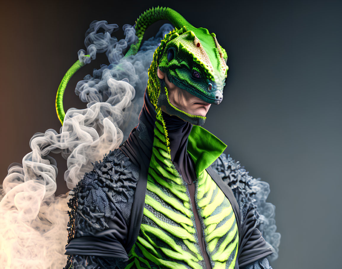 Elaborate lizard-like face makeup with green scales and tail in swirling smoke