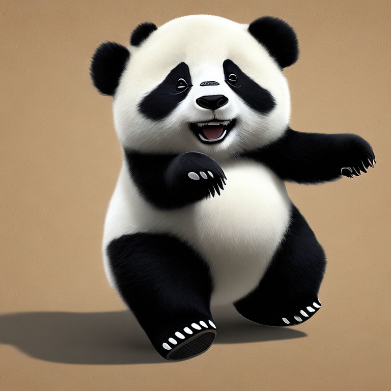 Smiling panda dancing on beige background