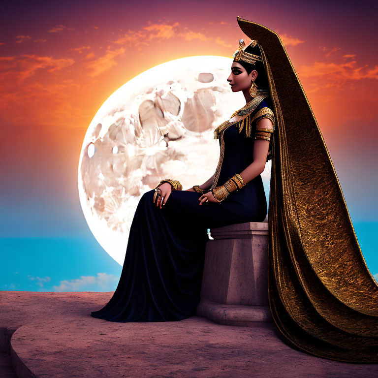 Traditional Indian Attire Woman Sitting on Stone Plinth with Moon Backdrop