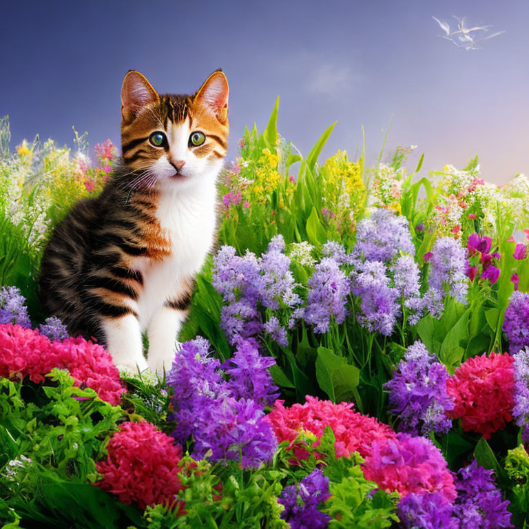 Young Cat Surrounded by Colorful Flowers and Blue Sky