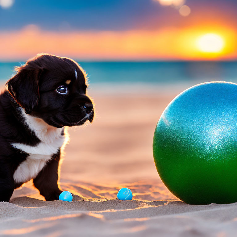 Black and white puppy on sandy beach at sunset with green and blue ball