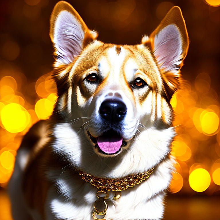 Smiling Corgi with Golden Collar on Bokeh Background