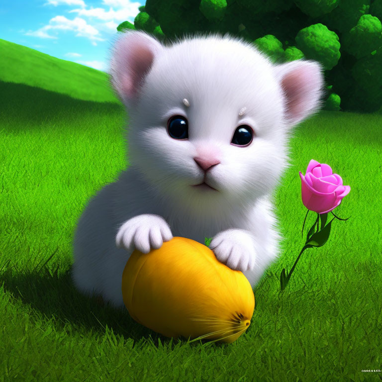 White Kitten Holding Yellow Fruit in Green Grass with Pink Rose