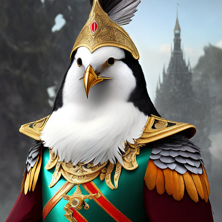 Anthropomorphic bird in medieval armor with castle backdrop.