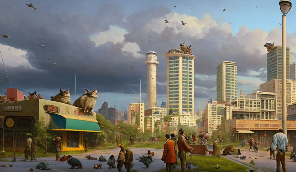 Gigantic Cats in Whimsical Cityscape with Tiny Humans