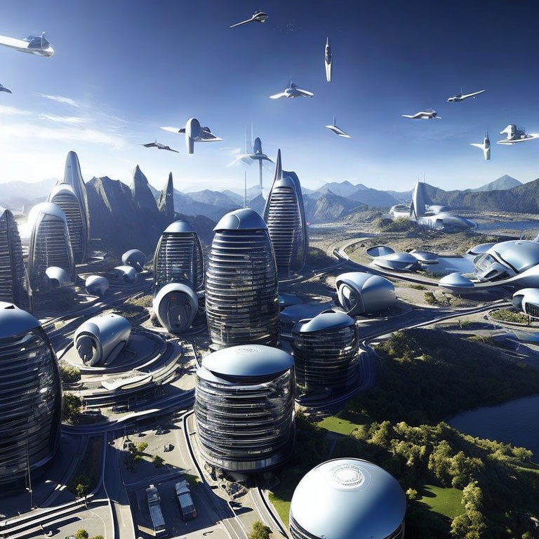 Futuristic cityscape with high-rise buildings, mountains, roads, and flying vehicles.