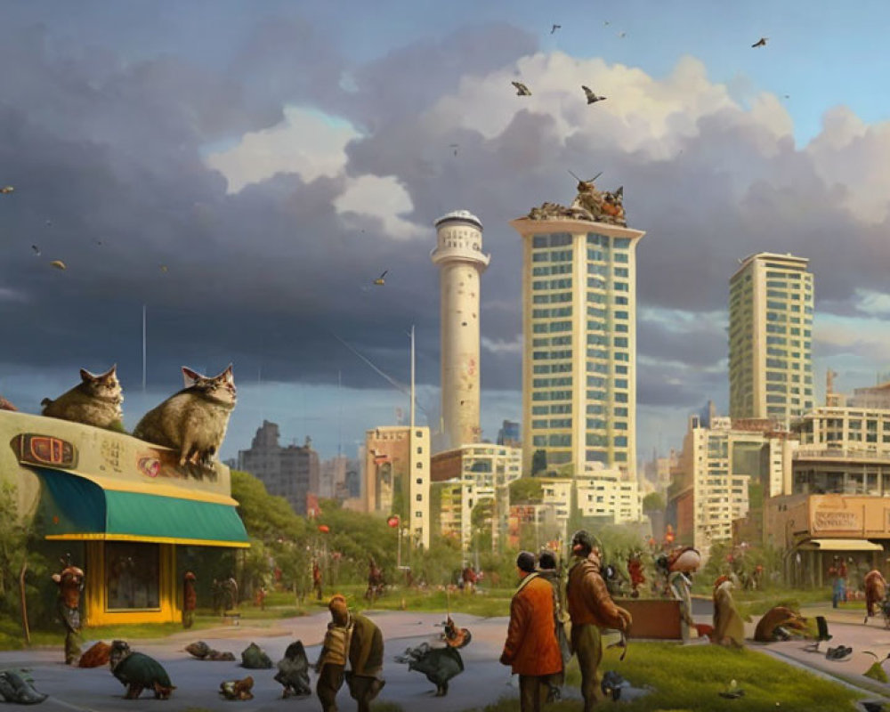 Gigantic Cats in Whimsical Cityscape with Tiny Humans