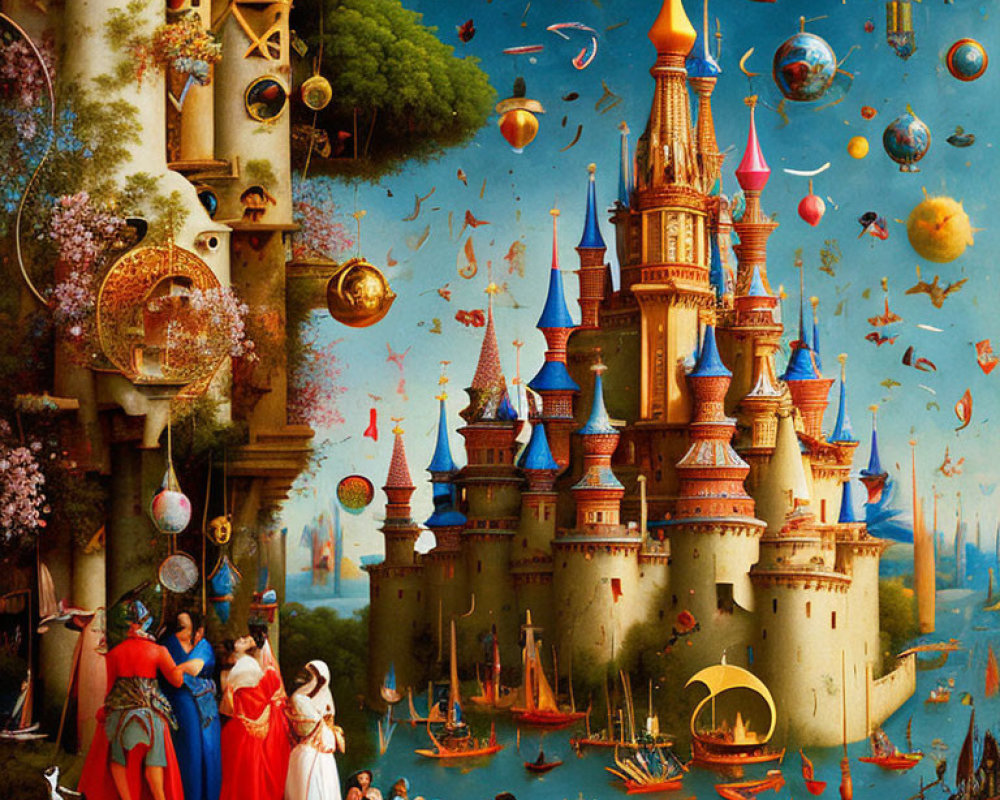 Detailed Vibrant Castle Surrounded by Floating Islands and Flying Ships