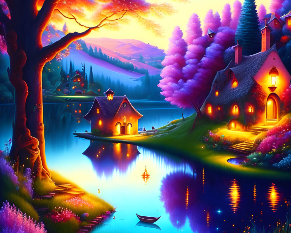 Colorful Fantasy Landscape with Glowing Cottage by Serene Lake