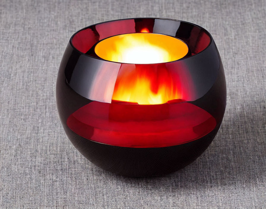 Black and Red Glass Bowl with Warm Glowing Light on Grey Background