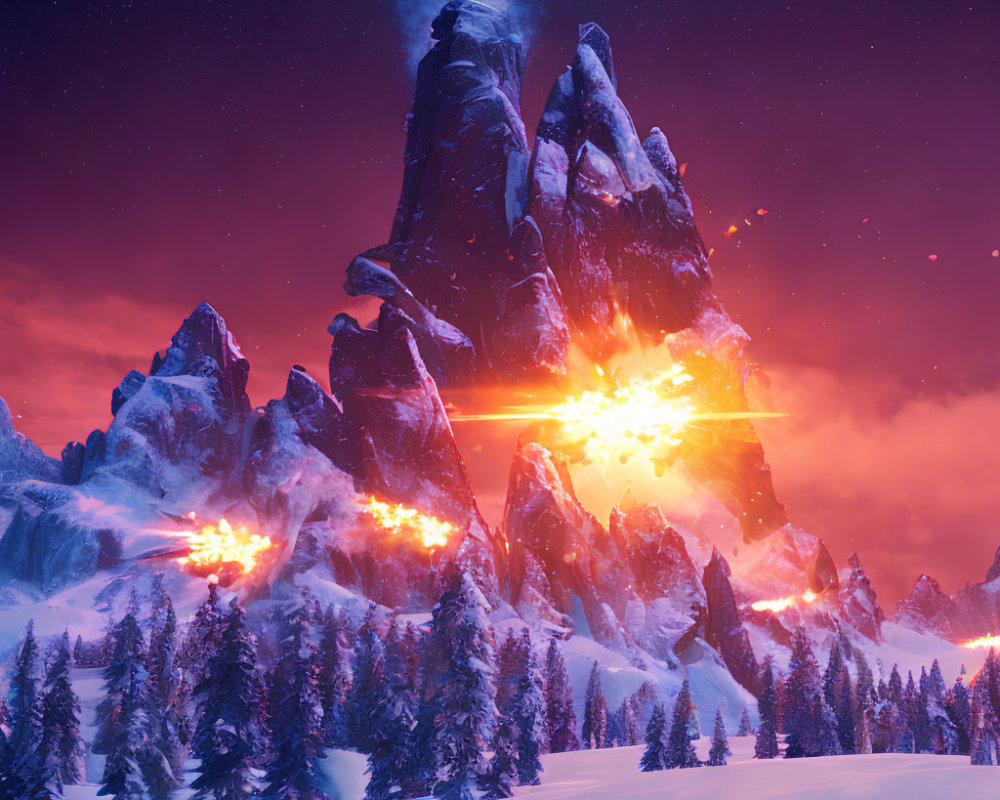 Snowy Mountain Landscape with Explosions and Orange Beams at Dusk