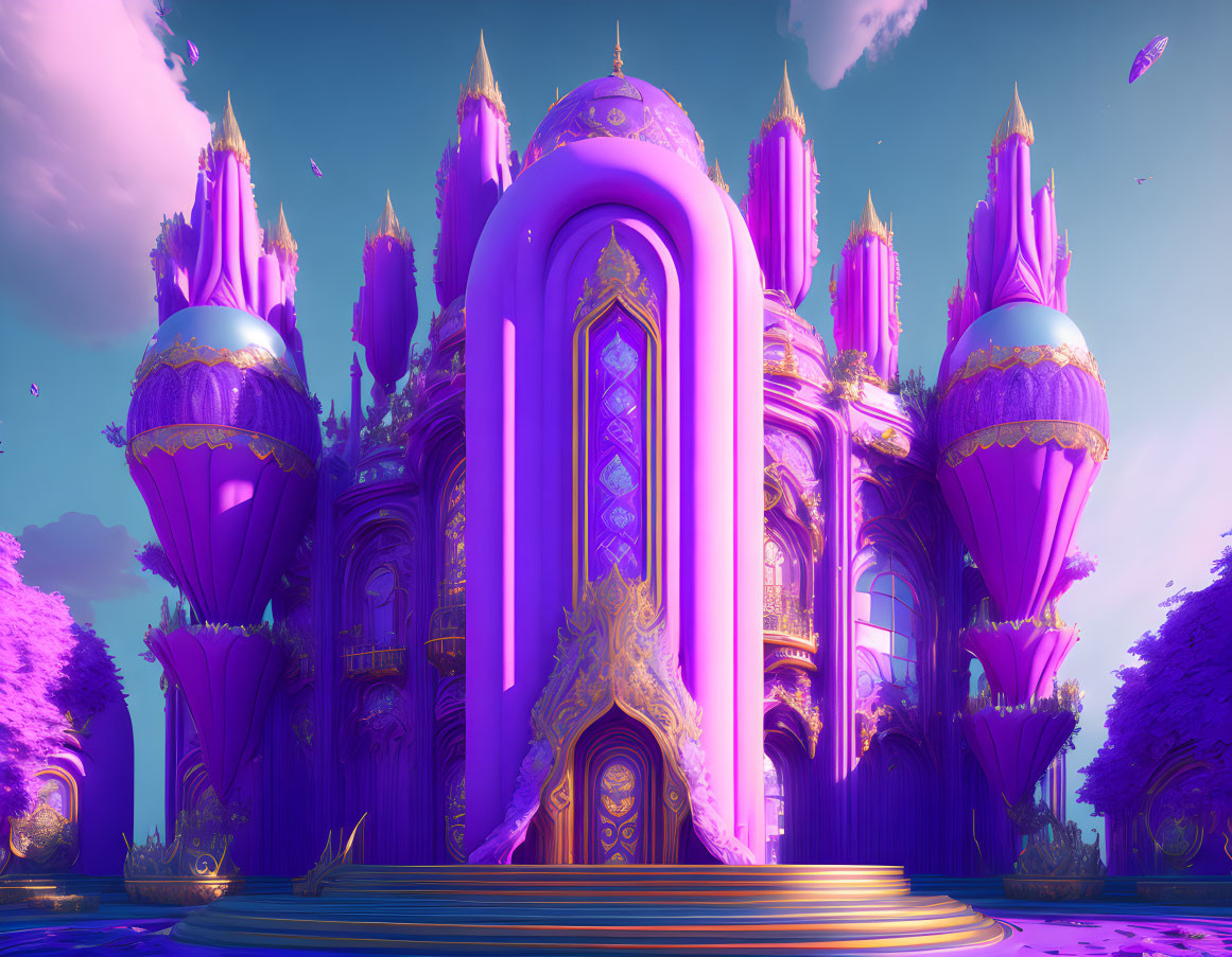 Fantastical Purple and Gold Palace in Surreal Landscape