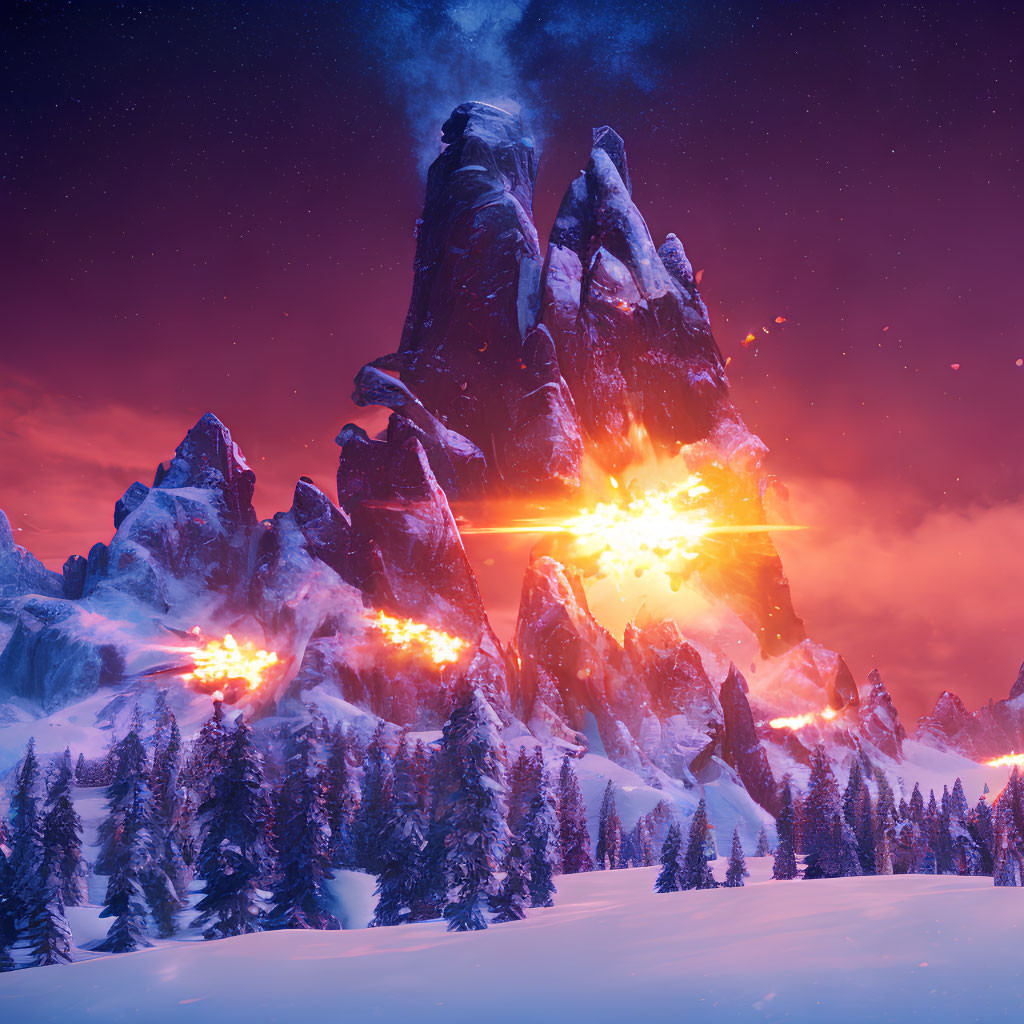 Snowy Mountain Landscape with Explosions and Orange Beams at Dusk