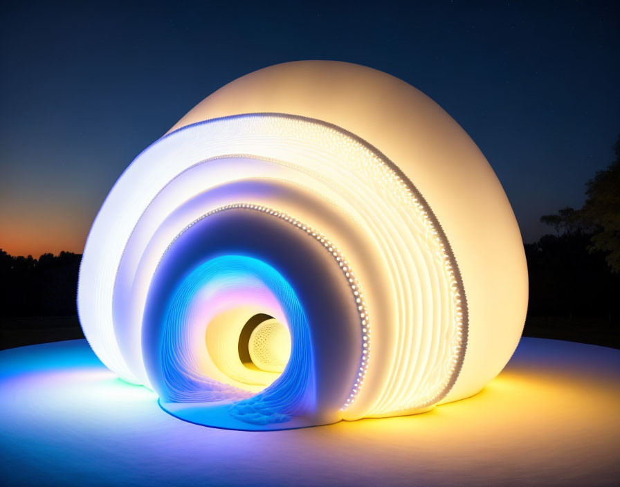 Blue illuminated spiral sculpture against twilight sky on white surface