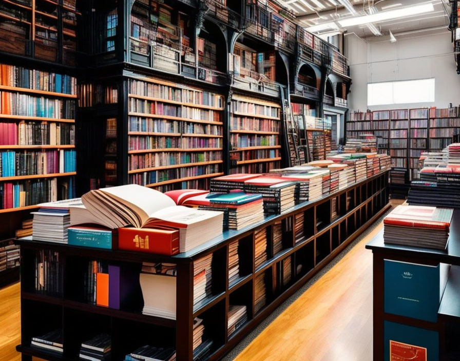 Cozy Bookstore with Towering Shelves and Warm Lighting