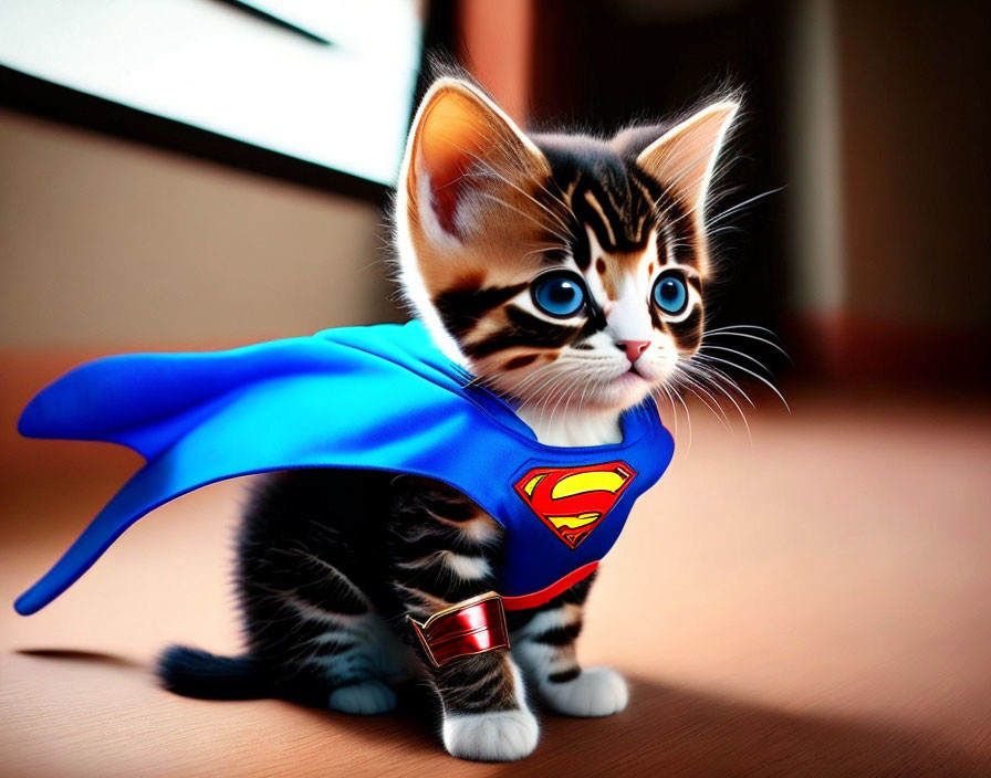 Blue-eyed kitten in Superman costume with cape and emblem gazes sideways.