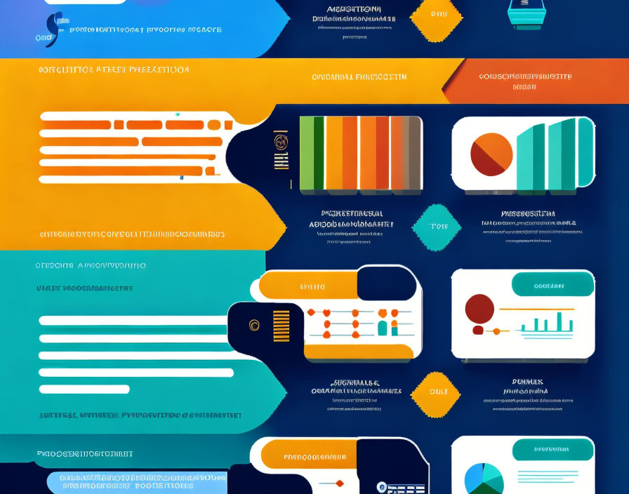 Colorful Infographic with Charts, Graphs, and Icons on Blue Background with Cyrillic Text