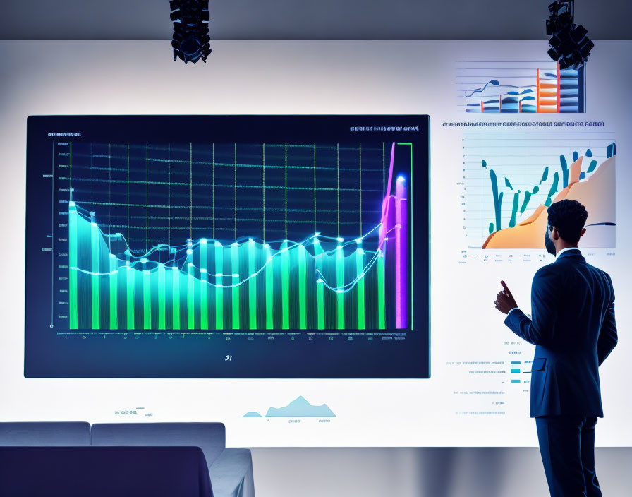 Professional analyzing complex data with graphs and charts on a large screen