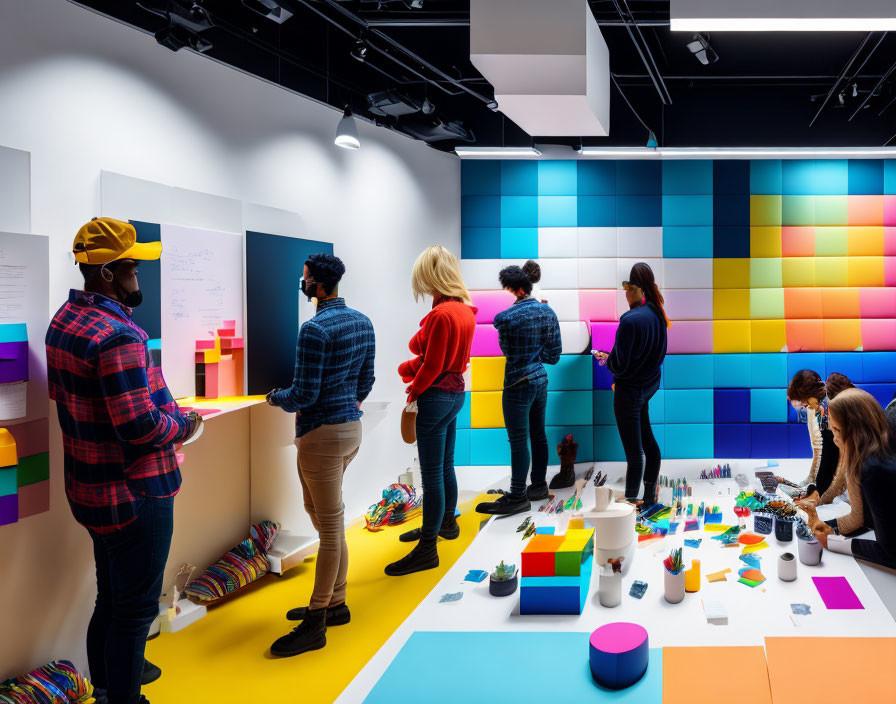 Vibrant workspace with colorful walls and sticky notes: Creative brainstorming session