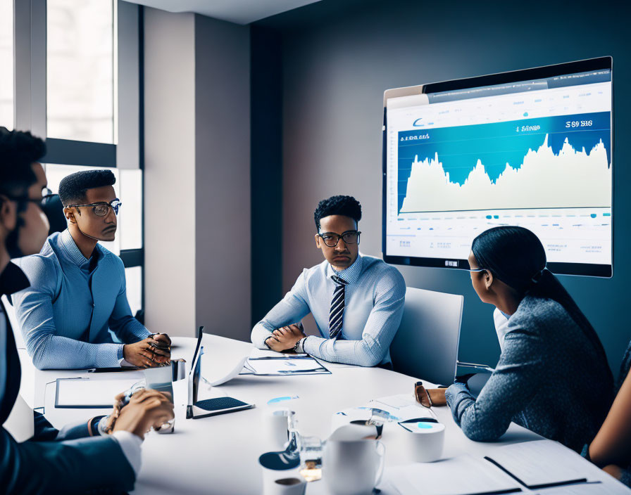 Business professionals reviewing financial data on screen in meeting