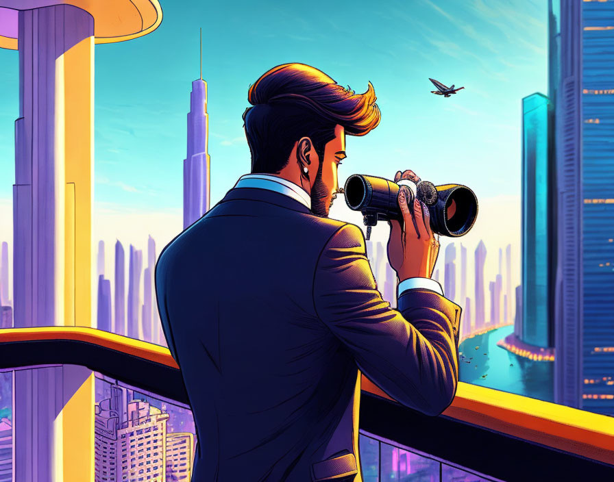 Man observing futuristic cityscape at sunset from high-rise balcony