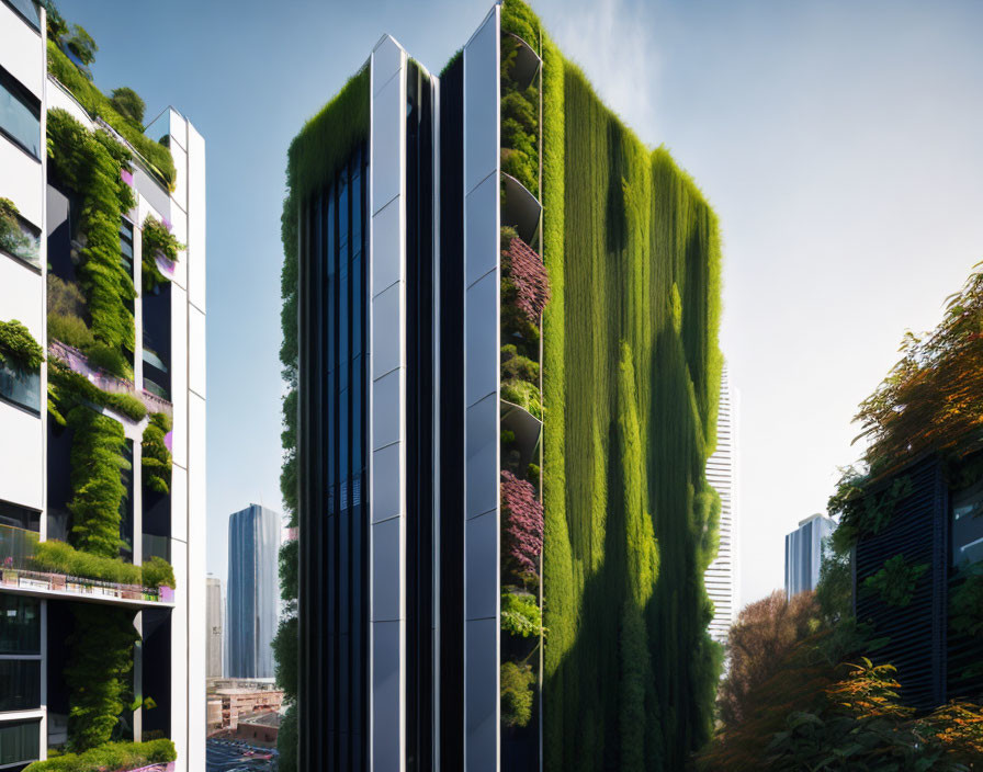 Urban architecture: Reflective glass facades and vertical gardens under clear sky