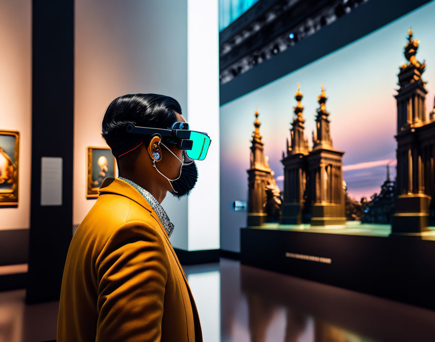 Bright Yellow Blazer and Futuristic Glasses in Dimly Lit Gallery