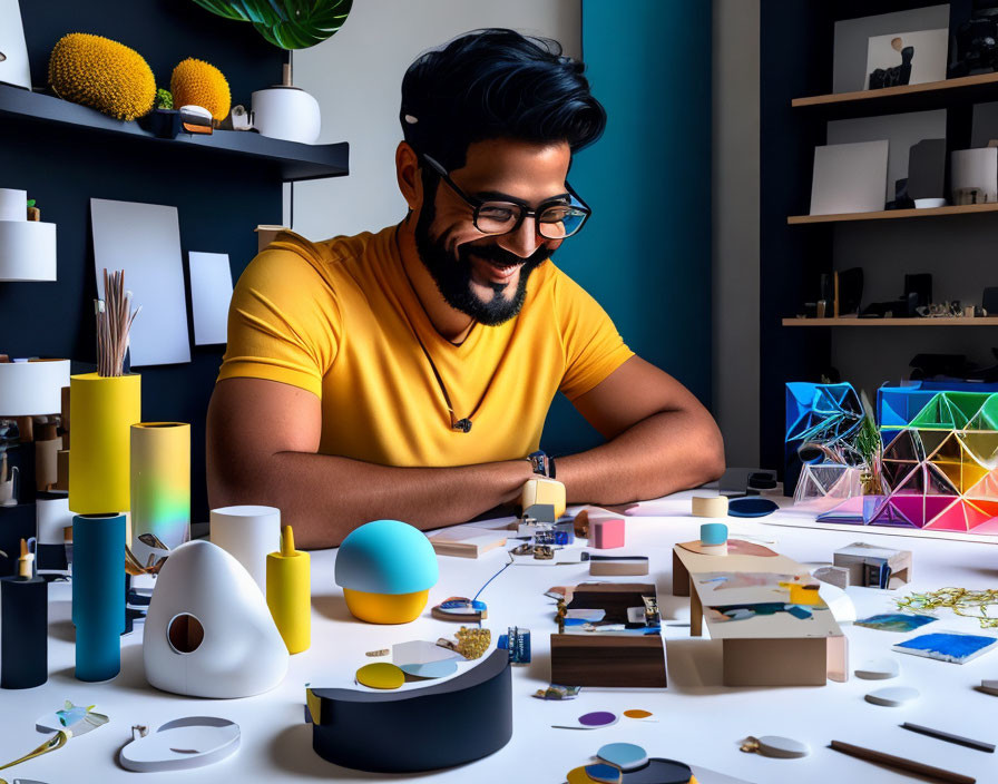 Colorful Desk Setup with Smiling Person and Geometric Objects