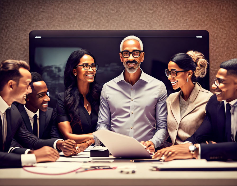 Diverse Professionals Smiling in Meeting with Large Monitor