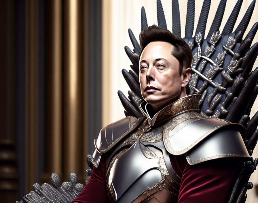 Photorealistic digital artwork of person resembling famous entrepreneur on ornate throne.