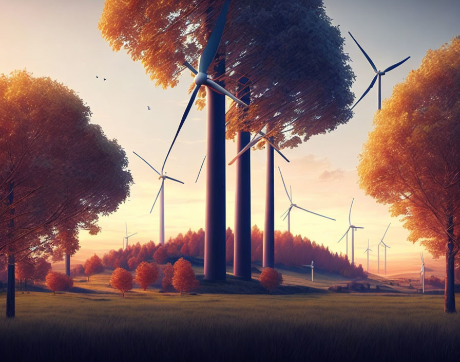 Wind turbines in golden sunset landscape with trees