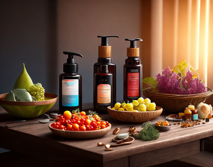 Skincare products with fruits and vegetables on wooden table