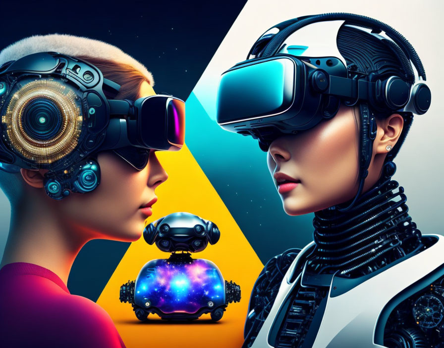 Futuristic characters with robotic head and VR headset in cosmic setting