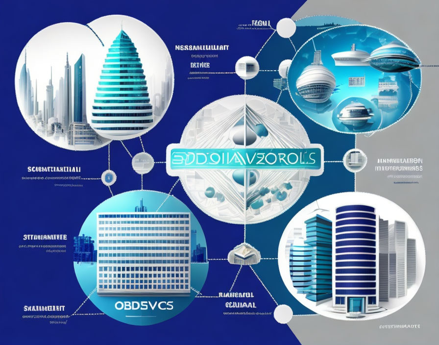 Modern city design concept with connected spherical nodes and sleek buildings on blue background