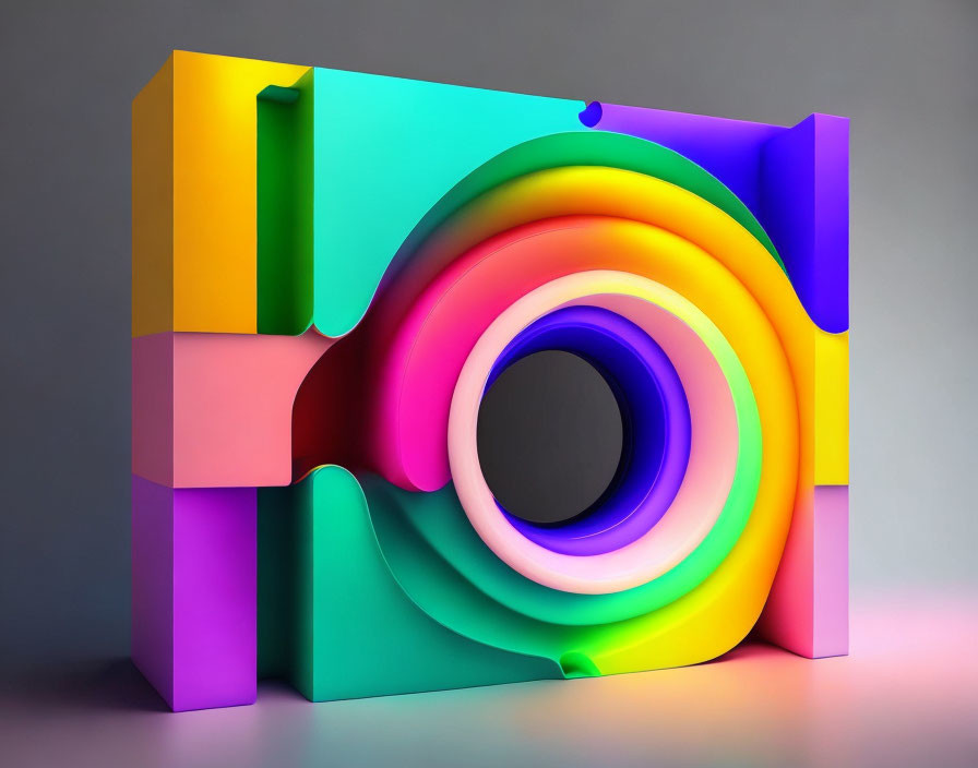 Colorful 3D abstract art: Camera-inspired design with rainbow circles and blocky shapes on gray