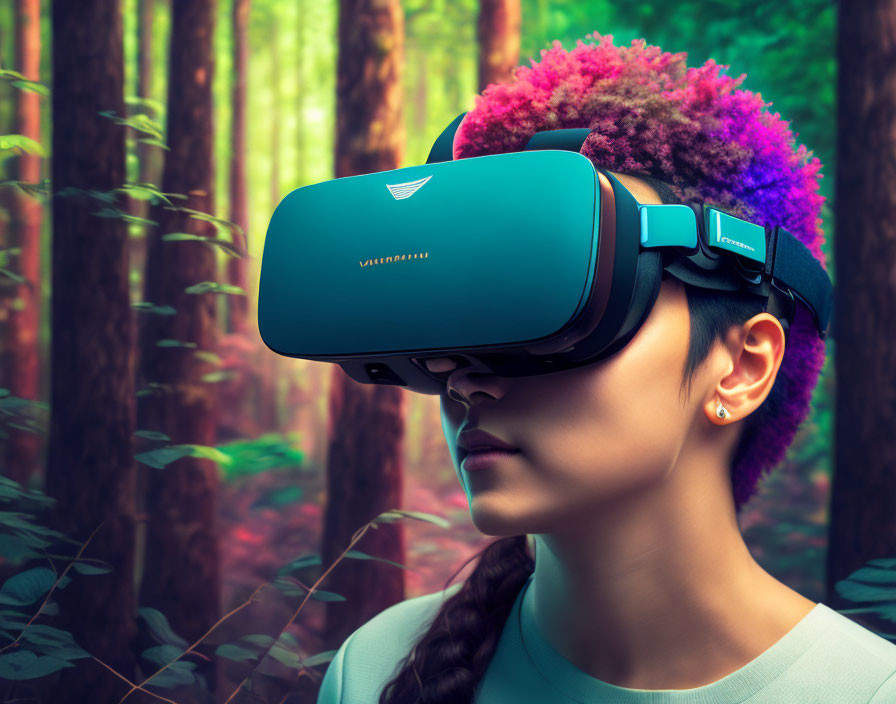 Colorful-haired person in VR headset explores forest environment