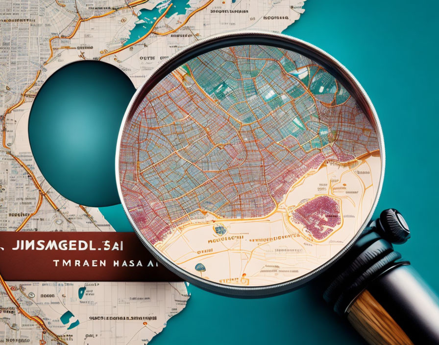 Detailed City Map on World Map with Magnifying Glass Showing Streets