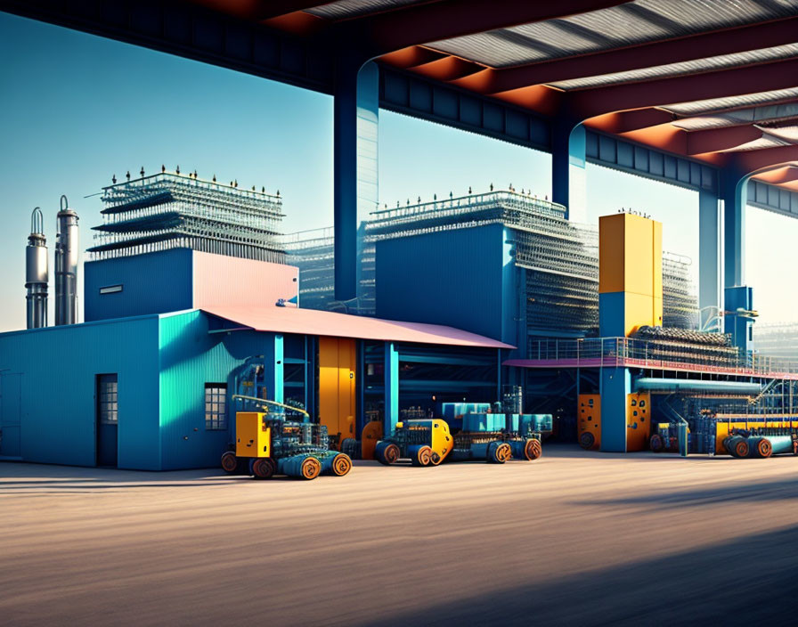 Blue and yellow industrial facility with automated guided vehicles and piping under clear sky at dusk or dawn