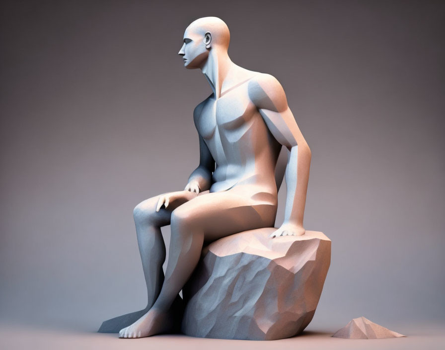 Stylized abstract male figure 3D rendering on rock, with geometric features