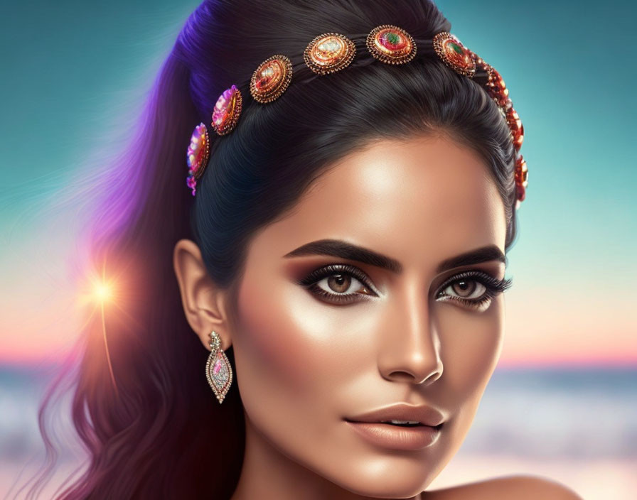 Digital portrait of woman with striking makeup and jeweled headpiece against sunset.