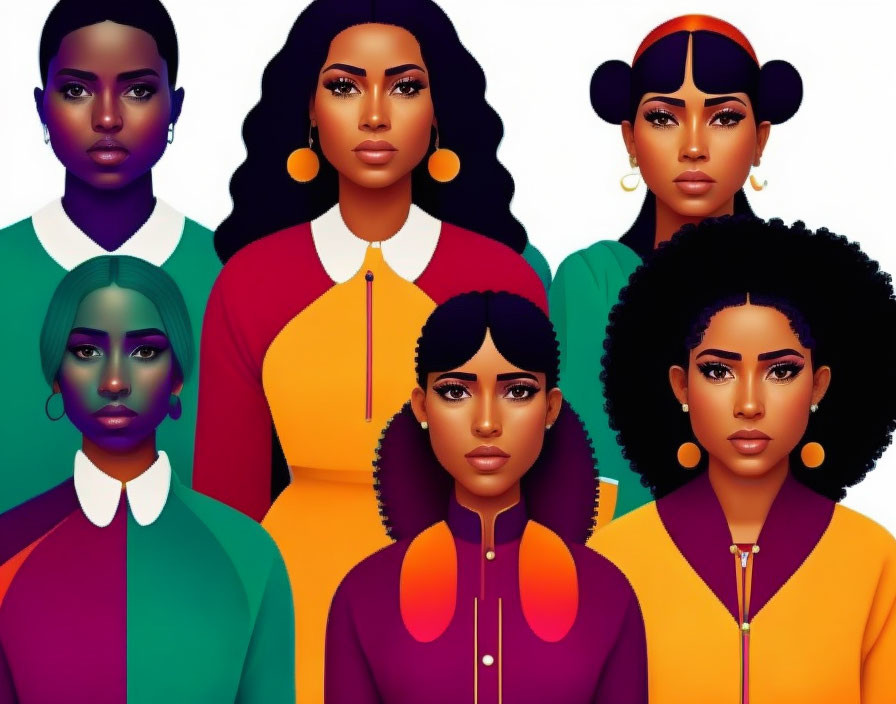 Diverse Women Illustration: 7 Stylized Figures, Varied Hairstyles & Skin T