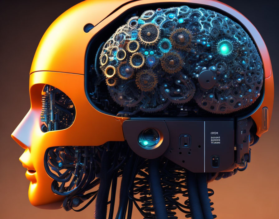 Half-Face Humanoid Head with Mechanical Gears and Cogs