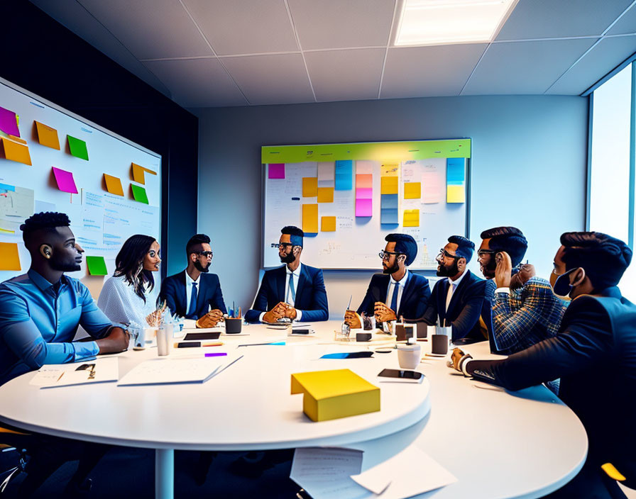 Diverse professionals in meeting room with glass wall covered in sticky notes