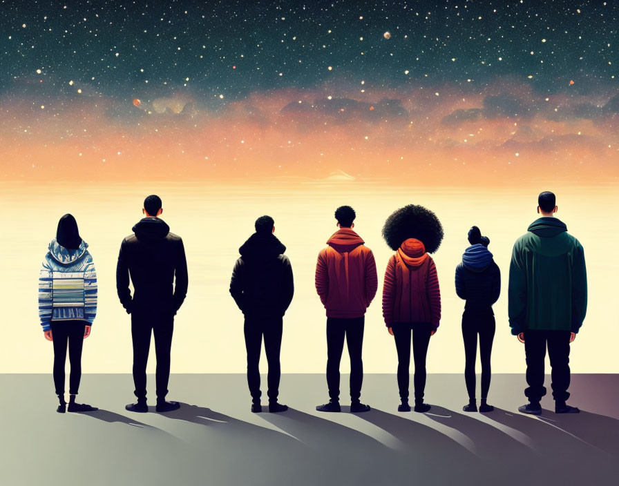 Group of Seven People in Various Winter Outfits Under Starry Night Sky